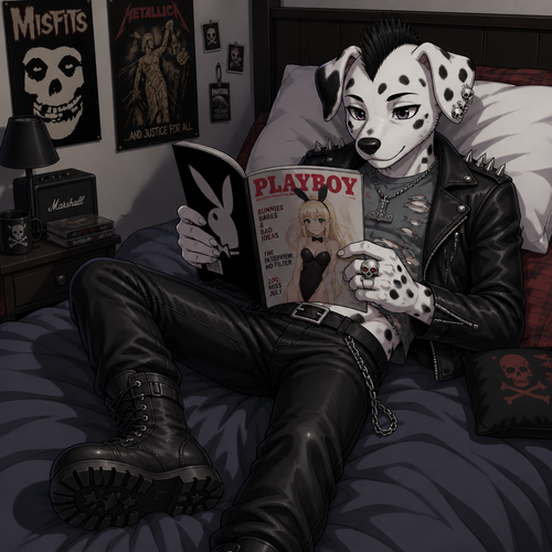 A middle school aged male Dalmatian wearing leather pants, grey shirt with rips and tears showing some abs, leather jacket with short spikes, combat boots, and a short black Mohawk. Right ear is pierced with three skull shaped earrings, has a Mjölnir pendant around his neck and a skull ring with rubies for eyes on his right hand. Laying on his bed reading a playboy magazine. Anime art style, solo, full body.