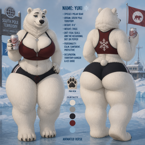 A busty well-made anthropomorphic polar bear female who lives in South Pole territory with a diet Dr Pepper soda on paw. Has thick thighs and thick fur. Large looks. Front/back view. Calm and confident. Animated verse.