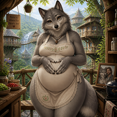 A well-made pregnant grey Wolf mama from a tribe who married a kind human and lived together at the top of a treehouse neighborhood. Among the peaceful wilderness. Has thick thighs and a bushy tail. Wears an apron and eyeliner. A beautiful mature female character. Front view. Happy and wholesome. Gives a love look.