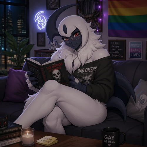 A well-made grown homosexual Pokemon male character, Absol. Sits on a sofa. Lives in an apartment. A dreamy roommate. Reading a scary book. Pride flag on a corner. Has thin thighs and a round buttocks. Wears eyeliner. Wears a reading glasses. Gay and friendly.