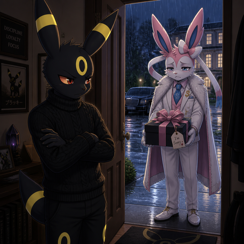 An unhappy well-made Pokemon male character, Umbreon that wears a black sweater, standing inside of his house with a door open, sees a billionaire male Sylveon standing outside, and a sad look who’s offering a gift with ribbons on it for an apology. In an anthropomorphic verse. Side effects.