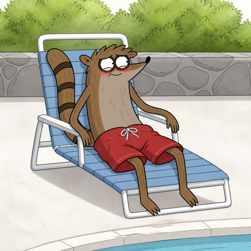 Rigby from Regular Show wearing loose red swim trunks sitting on a pool chair with a blush on his face. Solo full body.