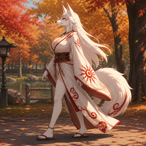Amaterasu (a well-made busty anthro female character) was wearing a robe and taking a walk on an autumn park. Well Animimated version. Side view.