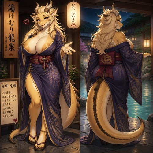 In a well-made anime verse, a busty adult anthropomorphic female character a furred Dragon that wears a robe who is a owner in hot springs hotel. Friendly and flirting. Front view. Back shot.