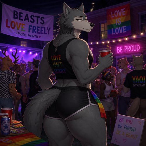 Legoshi the grown Wolf is celebrating at today’s pride month at the college party. Has thick thighs and big butt. Wears shorts and a necklace.
