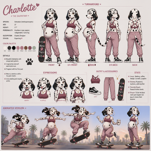A beautiful anthropomorphic Dalmatian named Charlotte skateboarding while she’s pregnant, reference sheet, animated version 