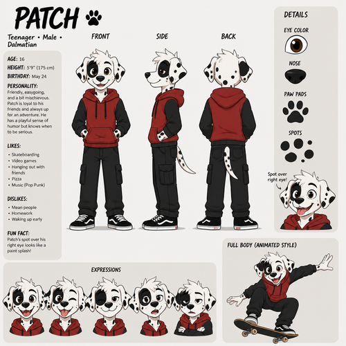 A teenage male anthropomorphic Dalmatian named Patch with a spot over his right eye, reference sheet, animated version 