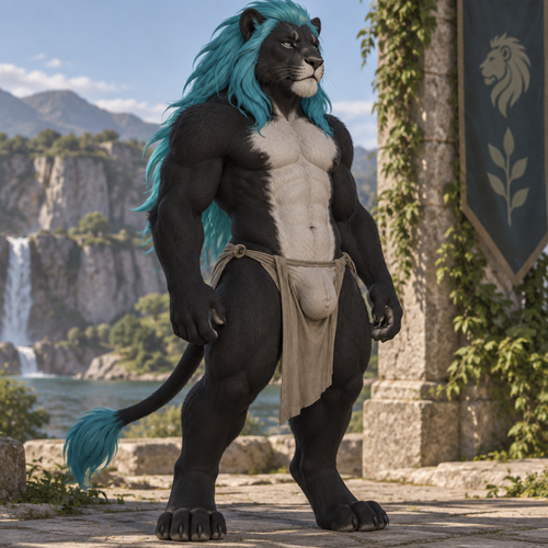 masculine black lion with white belly, aquamarine main that flows down his back mid way, has plantigrade footpaws with four toes, wearing a loin cloth with a large bulge
