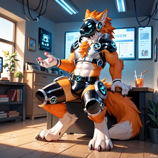A well made pansexual male Protogen plays video games in the game room.