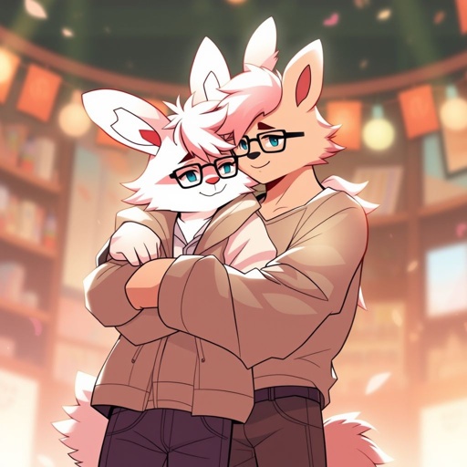Bunny,fursona,pink,cute,gay,soft,tall,has glasses,jacket,jeans,fluffy,hair covering eyes,puffy hair, he is cuddling his bf who is a bear with t shirt