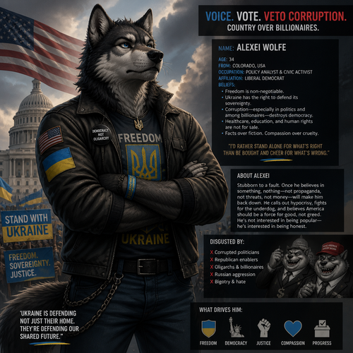 A well-made anthro Wolf male character who is brave and the stubborn liberal one from the US who supports Ukraine 🇺🇦 from a Russian invasion and disgusting at the corrupted republic billionaires.