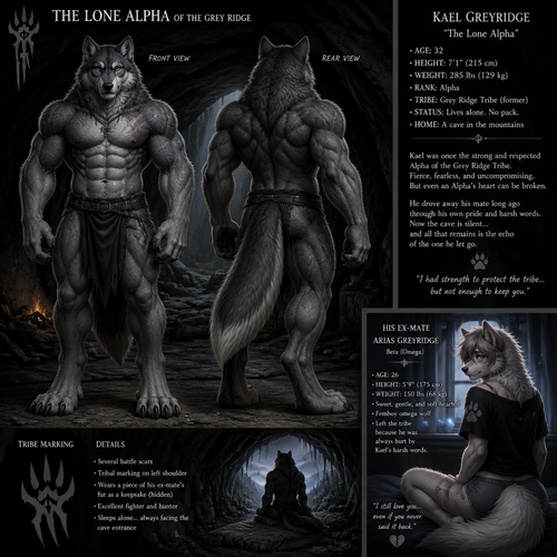 The well-made big and buff alpha male grey wolf tribe at front/rear view who lives in a cave all alone with no pack and misses his ex-mate (a grown fuzzy male femboy omega grey wolf beta) sadly.