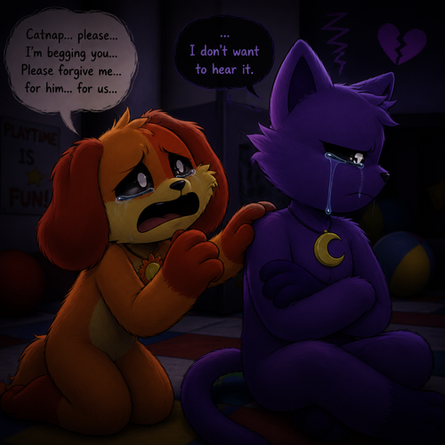In Smiling critters verse, Dogday tries and begging for an apology for his best friend Catnap, but Catnap looks away and ignoring with feelings hurt and tears with anger and a heart broken.