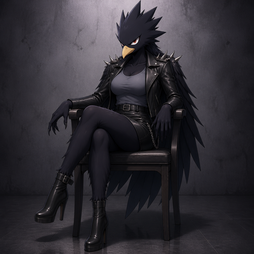 Female Tokoyami Fumikage with a more avian body wearing leather skirt, grey tank top, leather jacket with short spikes and black high heeled boots. Sitting on a chair with her legs crossed and a glare on her face. Anime style, solo, full body.