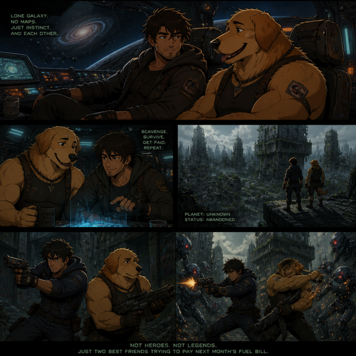 In a lone galaxy, a well-made animated version. In a spaceship, a human pilot/scavenger, and his best friend a thick homosexual anthro gay golden retriever with floppy ears. Both finding themselves on a scavenging hunt and knows how to defend themselves from any threats even some robots. In an abandoned planet unknown in a concrete jungle.
