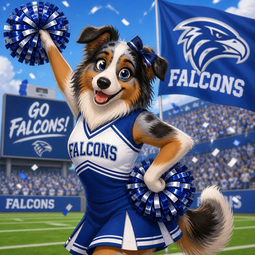 A female Australian shepherd cheerleader in a blue and white uniform cheering for a team called the “Falcons”, animated 