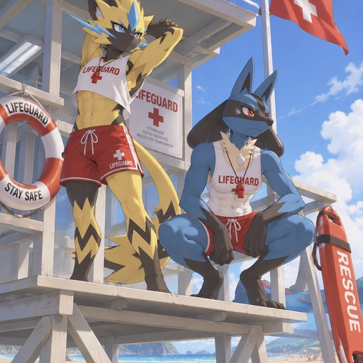 Male Zeraora wearing a lifeguard uniform. Standing on top of a lifeguard tower at a beach stretching letting a bit of abs show. Next to him is a male Lucario squatting in his lifeguard uniform causing the trunks to tighten on his legs. Anime art style, full body.