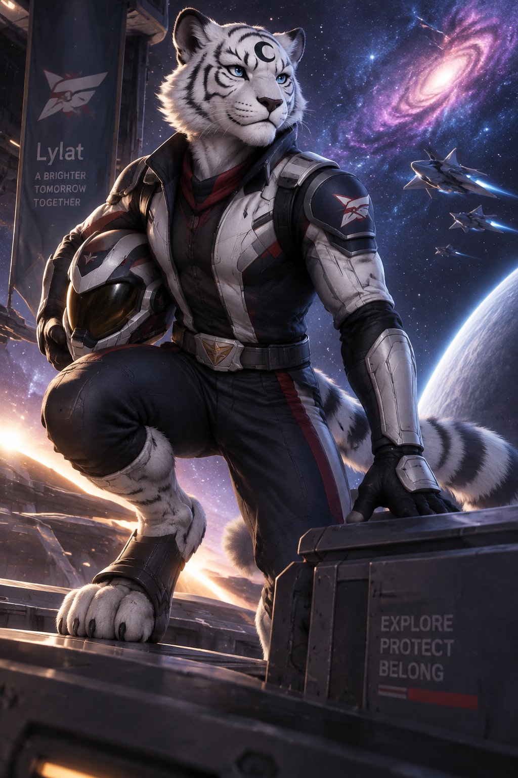 male, white tiger, anthro, digitigrade feet, blue eyes, black crescent on forehead, starfox style