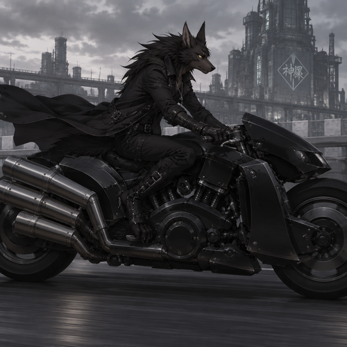 male, black fur, maned wolf, golden eyes, digitigrade footpaws, toned body,goth, wearing a trenchcoat, anime style, riding a black final fantasy advent children motorcycle, side view