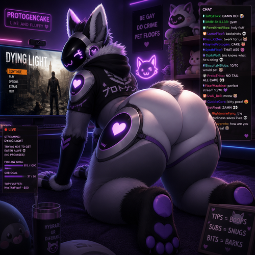 A well-made fluffy gay male Protogen with thick thighs and bigger buttocks that gives you a good back twerk view and a kitty cat pose while streaming on PC playing Dying light the zombie horror game to earn views in animated verse also has no tail but cake.