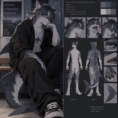 A teenage male anthropomorphic cat and great white hybrid 