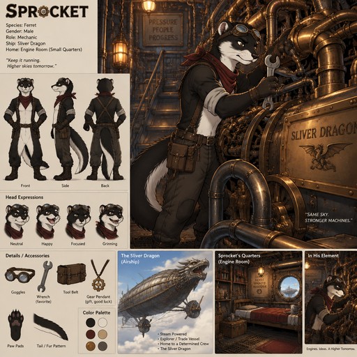 A male anthropomorphic ferret named Sprocket that has black fur and a white underbelly, is the mechanic on a steampunk airship named the “Sliver Dragon”, working on the engine, is in the ship’s engine room, lives in a small room with a window in the engine room, reference sheet, one big picture
