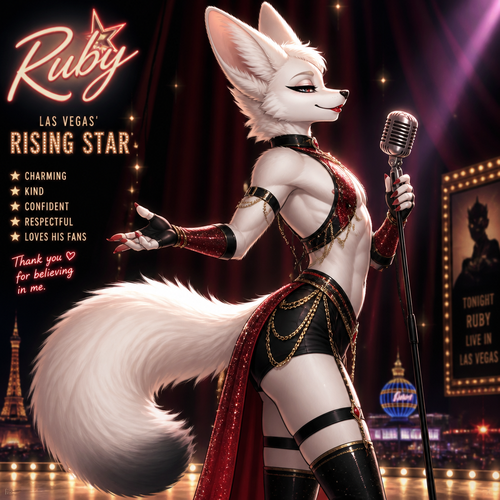 A well-made white furred fennec Fox male named Ruby, wears something attractive for entertainment for a show by self to dance/sing. Wears eyeliner and lipstick. Has a bushy tail. A grown femboy anthro. A star in Las Vegas. Well groomed. Side view. Animated verse. Has good personality.