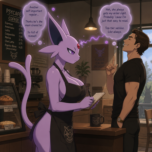 A well-made busty female Espeon that wears an apron who works at the coffee place and can read minds to some confident customers and a silently bad mood in her thoughts. In an animated verse. Side view. 