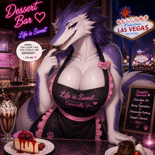 A busty female grownup Sergal that wears an apron and works at the dessert bar themed restaurant in Las Vegas. Flirty and tease. Front view. Animated version.