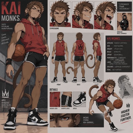 A high school aged male monkey with a tail wearing tight black short sports shorts, red sleeveless hoodie, black and white shoes, and big obsidian skull earrings in both ears. Reference sheet, anime art style, sport theme, with the name of Kai Monks.