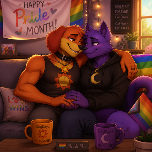 A anthropomorphic smiling critters verse. Both anthro DogDay and Catnap are both boyfriends living together and married. Sits together on a sofa. Today’s pride month. Both grownups. Animated art version. Looking at each other in wholesome. Yaoi.