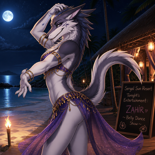 A homosexual adult male Sergal, doing a belly dancer, has good hips and a pretty smile, wears eyeliner, at the beach at night, and works at a resort on the island. Giving a flirting look. In an animated verse. A hidden bulge. Side view.