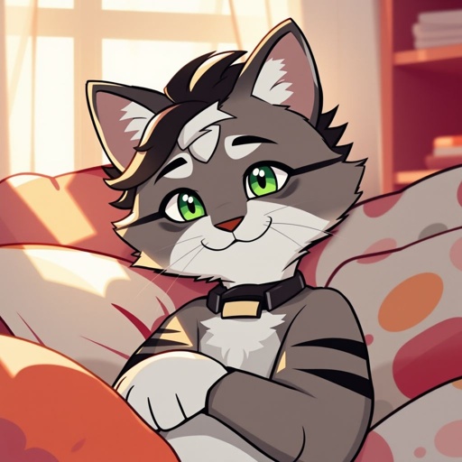 anthropomorphic cat name Evan wearing a collar with his name resting in bed without clothesjesus