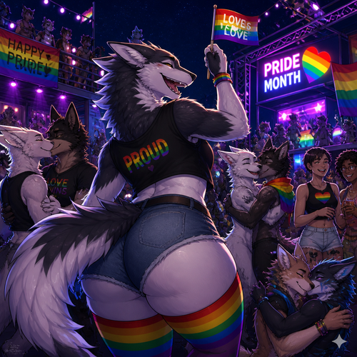 In animated universe, a well-made Sergal character with thick thighs and big buttocks also fluffy who’s happily celebrating on pride month at the party at night. Other Sergals, other anthros, and good humans too. Some kisses and some hugs.