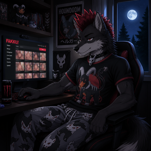 A young male dire wolf wearing mightyena theme pajama pants and houndoom theme shirt, has a red mohawk hairstyle. Sitting at a computer desk browsing a adult website. Next to the desk built into the wall is a window showing its nighttime outside. Anime art style.