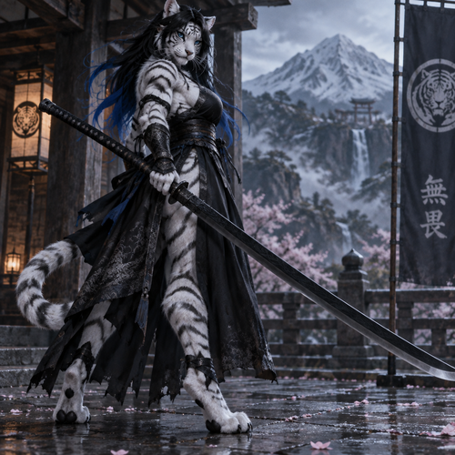 White Tiger with Digitigrade footpaws, Long black hair with blue ends, blue eyes, wielding a black Odachi