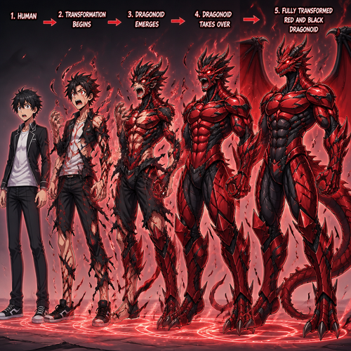 A teenage human male transforming into a male red and black dragonoid with bulging muscles. Anime art style, full body.