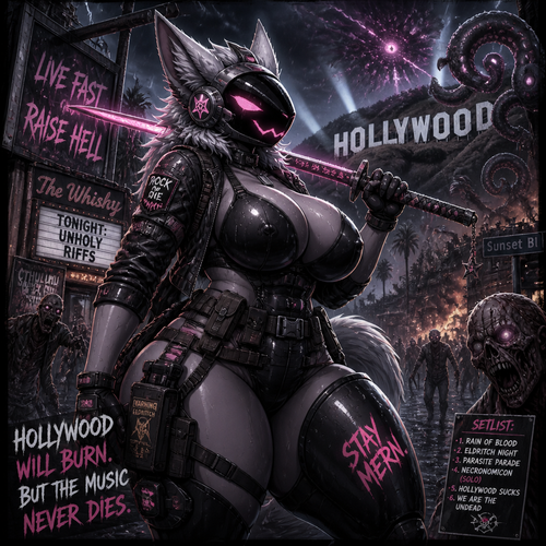 A busty well-made badass adult anthro waterproofed Protogen that has thick thighs and survival gear on while holding a saber sword that loves to rock and roll by facing a mixed up dark spicy lovecraft zombie apocalypse, in Hollywood alone. Anime verse.
