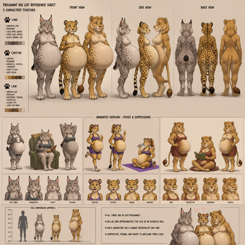 A pregnant female anthropomorphic Canadian lynx with a belly the size of a exercise ball, a pregnant female anthropomorphic cheetah with a belly the size of a exercise ball, and a pregnant female anthropomorphic lion with a belly the size of a exercise ball, reference sheet of the three together, animated version 