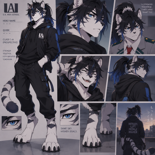 Male, anthro white tiger, digitigrade footpaws, thick black hair with blue tips, hair in a long ponytail, anime style, blue eyes, teenager, modern, My Hero Academia