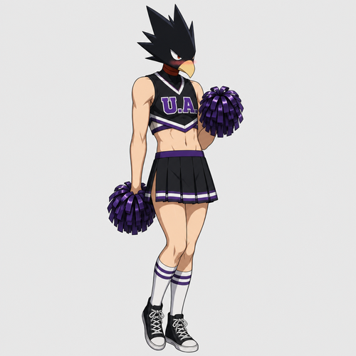 Tokoyami Fumikage wearing a male cheerleaders uniform. He is blushing. Solo full body