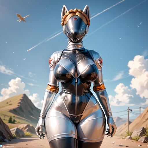 A busty female adult Protogen with thick thighs, wide hips, and fluffy neck in the Atomic Heart universe that can’t resist the level of rock and role. *well-made art & view* *in Atomic Heart the video game* *a sexy tomboy character also badass* *plays a electric guitar at the metal band on stage*