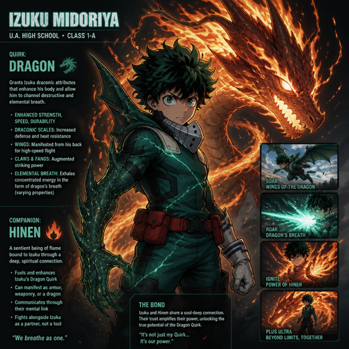 Izuku Midoriya from My Hero Academia with a dragon quirk as well as a connected flame companion.
