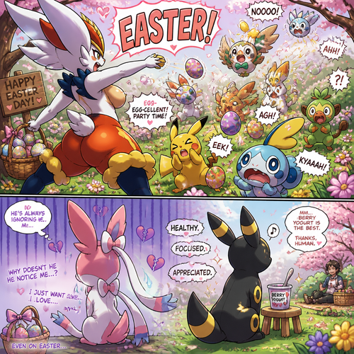 A busty well-made fluffy female Pokemon character, Cinderace. Who celebrates on every Easter Day and shouts, EASTER! And wrecking up a place like a crazy party gal while she knocked other terrified Pokemon by throwing eggs at them but A cute but creepy but a gay male Sylveon just as sad and irritating about being ignored by a male Umbreon while eating a healthy yogurt distracted and appreciated. All well-made characters. A dramatic and a funny comedy show. A comic views. Spring season. Side/back view.
