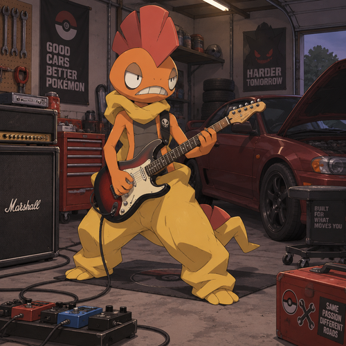 Male Scrafty playing a electric guitar in his car garage. Anime art style, full body.