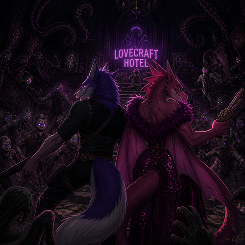 In the animated version of this universe, two adult male characters fight for their lives together against the undead inside the Lovecraft hotel. A bisexual Sergal and the drag queen the Dragon. Do better with music. Back view.