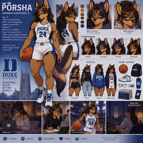 A beautiful curvy female German shepherd named Porsha who lives in a college dorm alone, goes to Duke University, plays basketball for Duke, wears contacts unless she’s in her dorm then she typically wears glasses, reference sheet, animated version 
