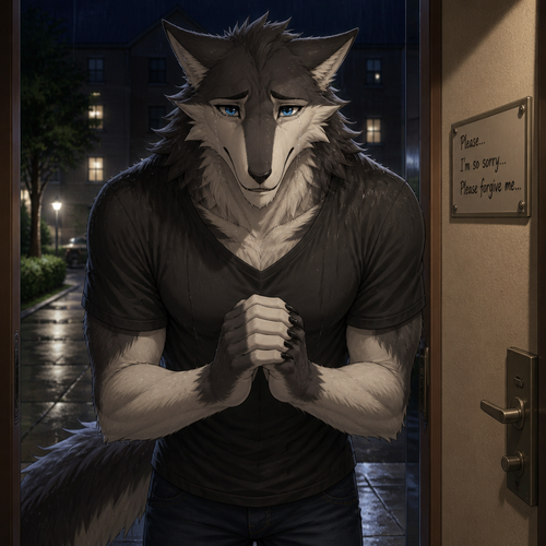 A well-made grown foolish Sergal male character who’s at the outside door of the apartment building who came with a tearful face and came to say that he was sorry again saying so sorry to beg forgiveness to a dear friend the other Sergal at a front view.