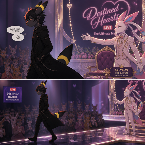 In a well-made anthro Pokemon universe, an non-rich grown male half gothic Umbreon refuses to accept the sham date with a grown richest male Sylveon (the Barron) on a live dating fantasy show (in modern life) and decided to leave because love isn’t here. A well-made animated version. Side view.