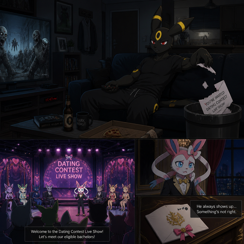 In a anthro Pokemon universe. A grown non-rich Umbreon male who lives in a apartment alone who’s ripped the envelope that says; your invited to dating contest live show (Much like on a date challenge); from the grown wealthy Sylveon male (the Barron) and then put it on a trash while continues to watch a zombie horror movie on television, while the Barron feels something is not right and didn’t shown while the live show starts (sadly or is) for where is. A well-made animated modern life version.